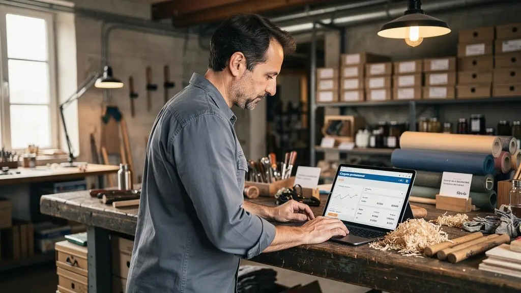 Artisan consulting banking information on a tablet while standing in their workshop environment
