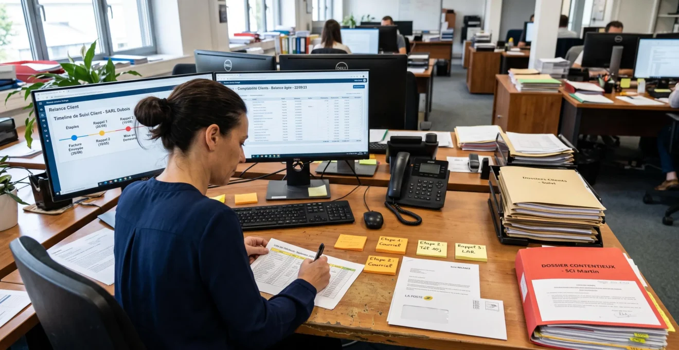 Chargée de recouvrement organisant à son poste de travail les segments de débiteurs, les paliers de relance et un dossier litige isolé dans un dossier rouge.