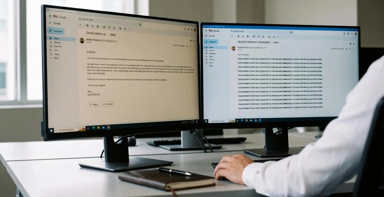 Comparaison sur deux écrans adjacents d'un message de relance personnalisé et d'un message automatisé au ton impersonnel.