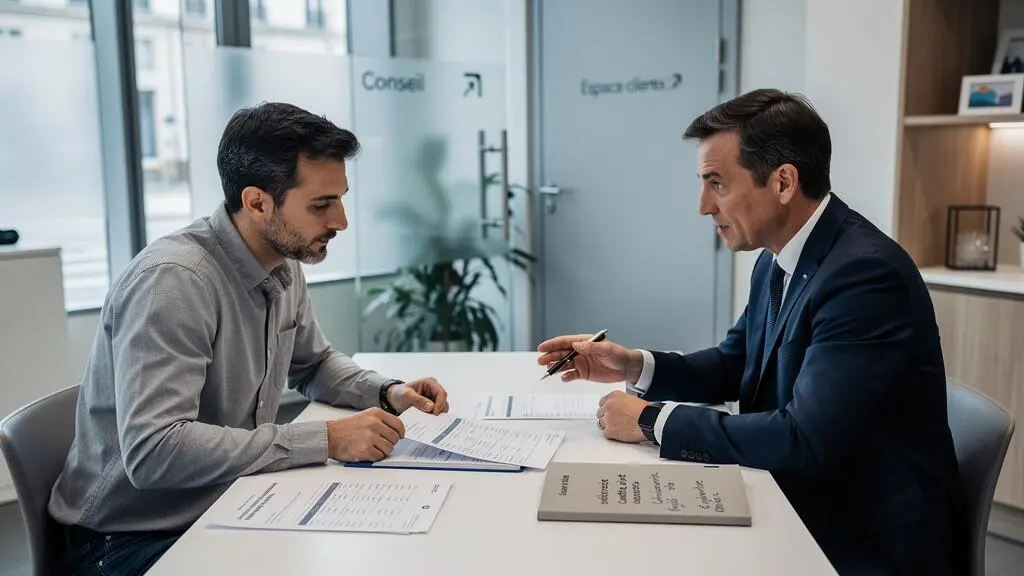 Banking advisor and business owner discussing account structure documents during a consultation meeting