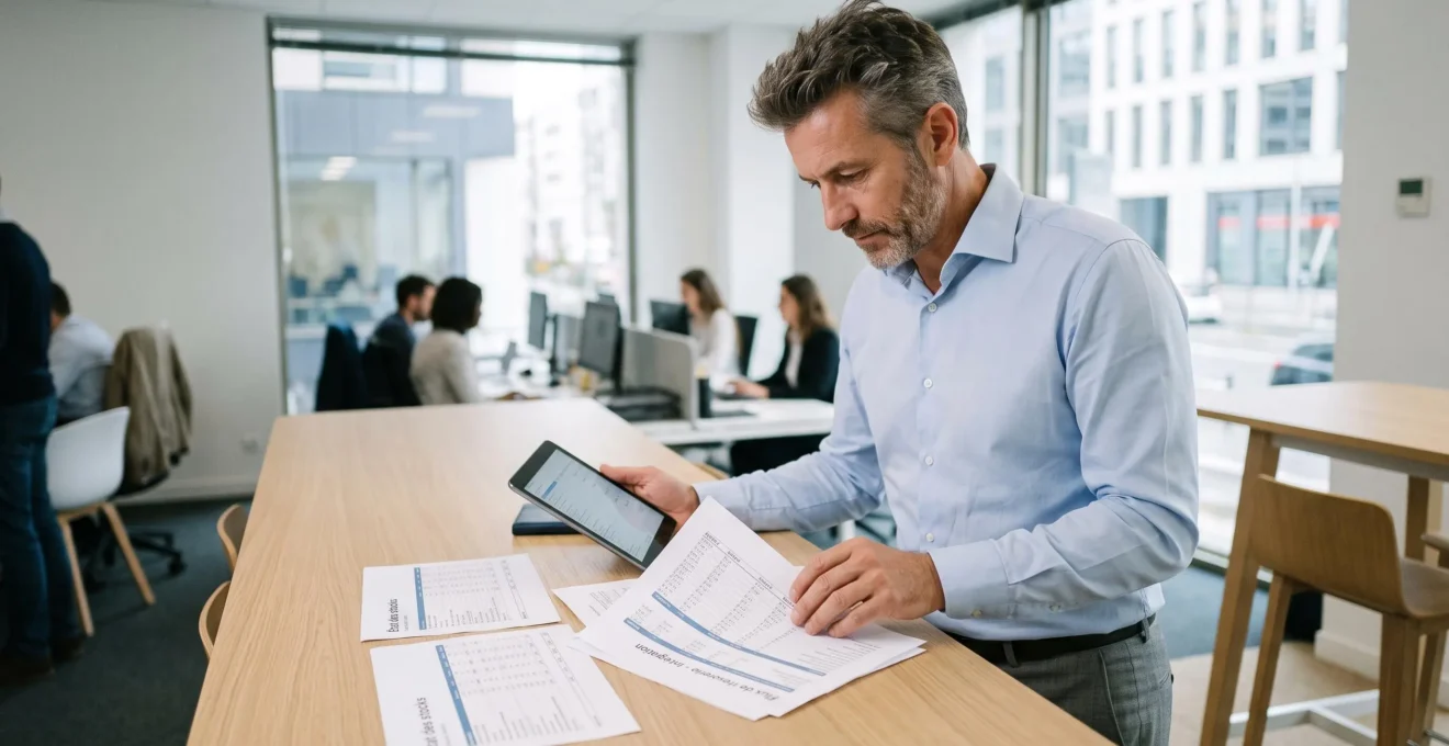 Directeur financier debout analysant des documents de trésorerie et des rapports opérationnels sur une tablette dans un bureau moderne