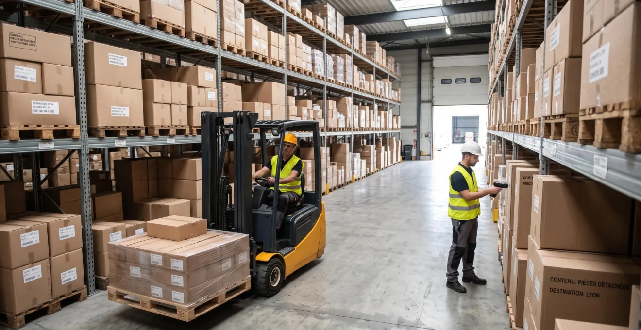 Opérateurs logistiques gérant l'augmentation des stocks dans un entrepôt moderne avec chariots élévateurs et palettes de marchandises