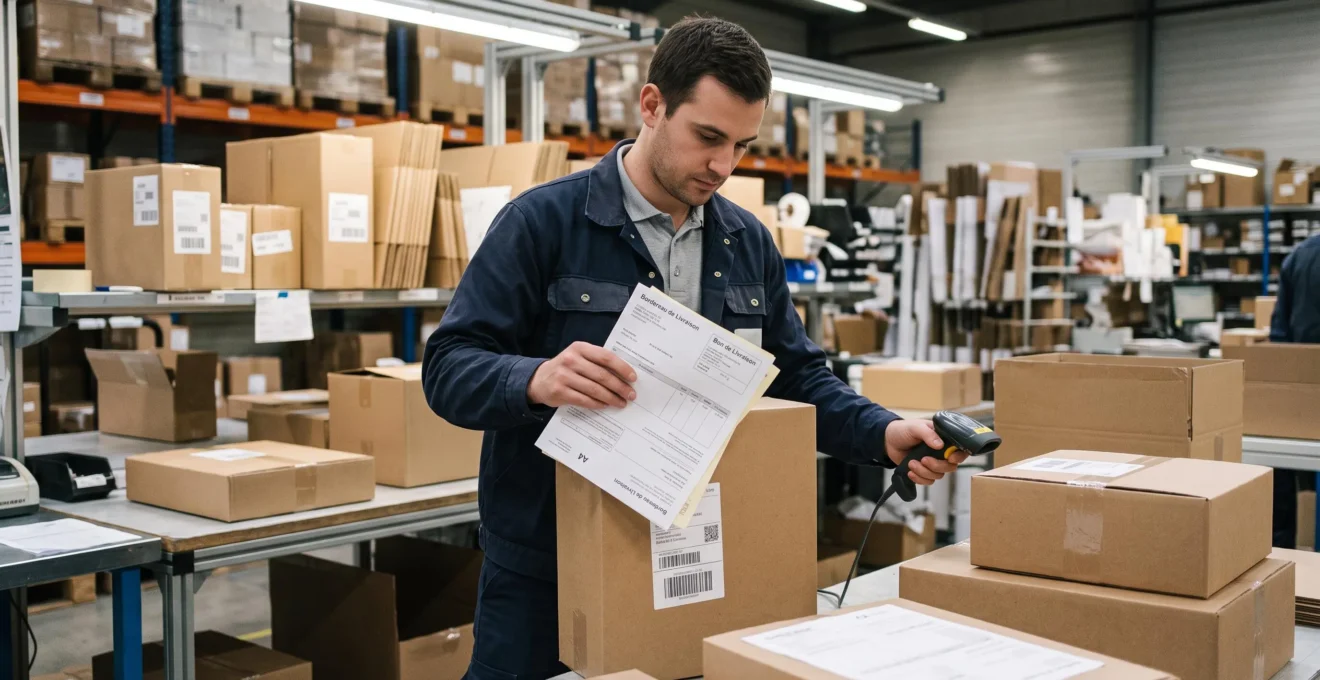 Employé préparant des documents d'expédition et vérifiant des colis prêts à être livrés dans une zone de préparation logistique