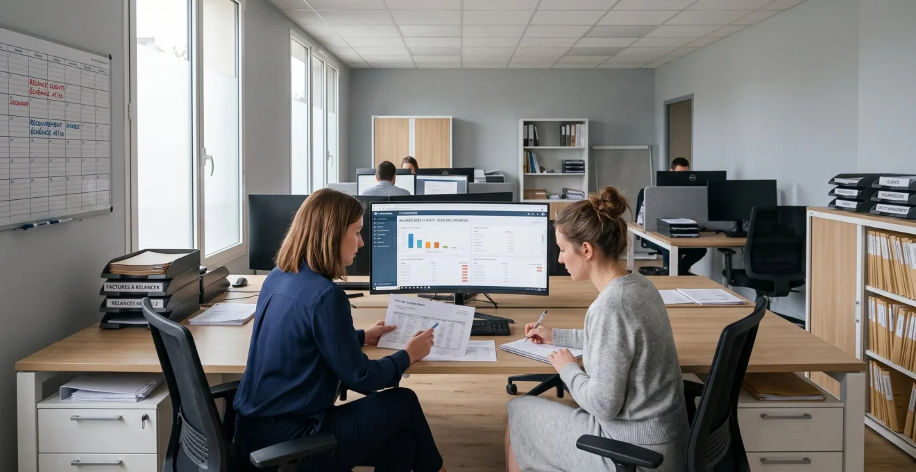 Deux professionnels comptables analysant des comptes clients et des factures en retard dans un bureau de suivi du recouvrement.