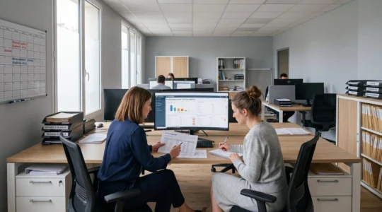 Deux professionnels comptables analysant des comptes clients et des factures en retard dans un bureau de suivi du recouvrement.