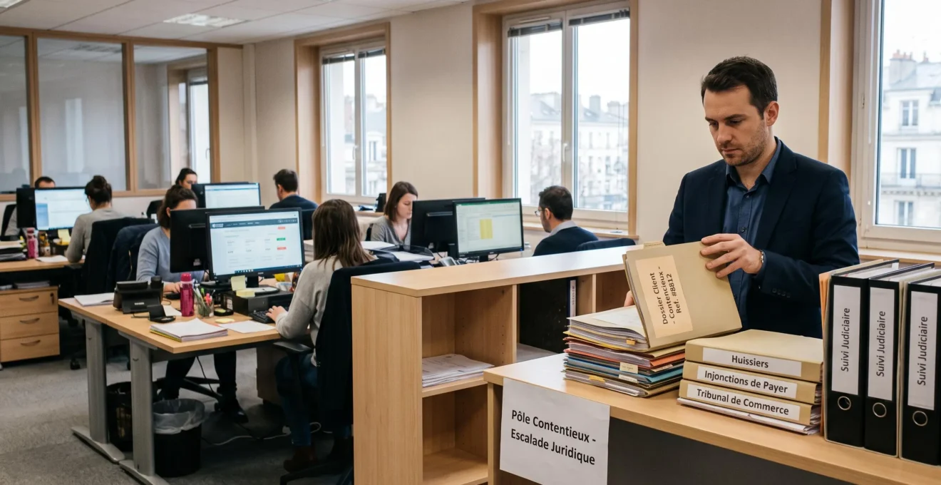Service crédit management avec deux zones distinctes : le suivi amiable des relances aux postes de travail et un espace séparé pour les dossiers contentieux judiciaires.