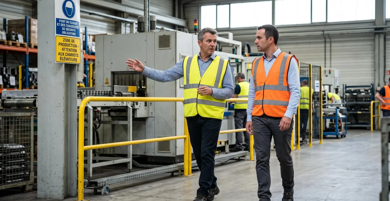 Deux dirigeants en tenue professionnelle et gilets de sécurité visitant un site industriel lors d'une intégration post-acquisition