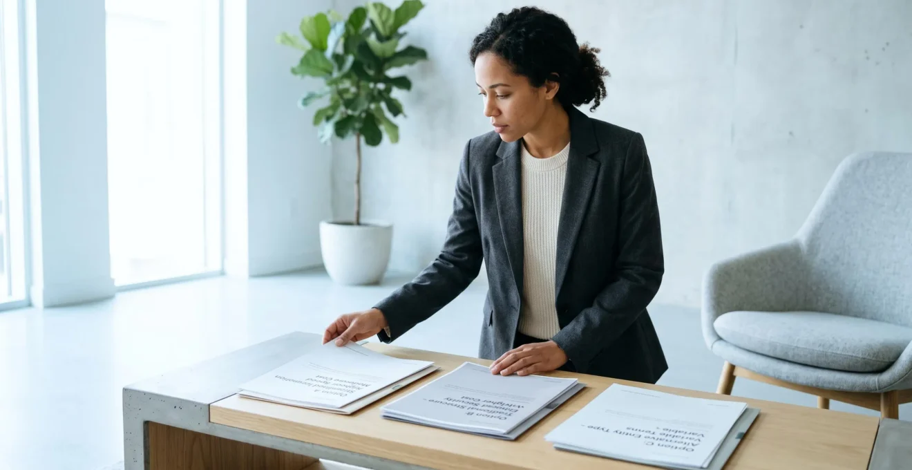 Un entrepreneur examine plusieurs options de création de société sur une table de consultation, pesant ses choix.