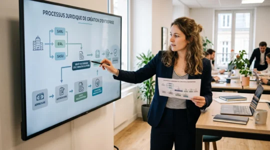 Un entrepreneur concentré examine un flux de processus de création d'entreprise sur un grand écran dans un bureau moderne.