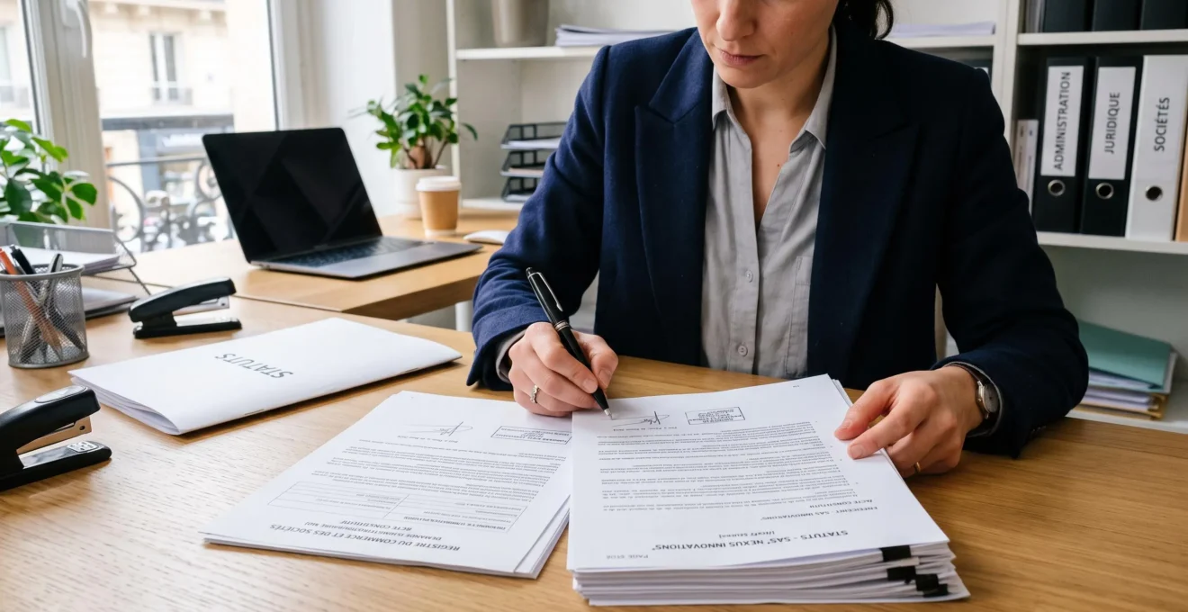 Un professionnel lit et signe méticuleusement des documents légaux de constitution de société sur un bureau.